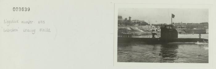British Submarine, "U" class, "UNBROKEN" (1941) leaving Malta