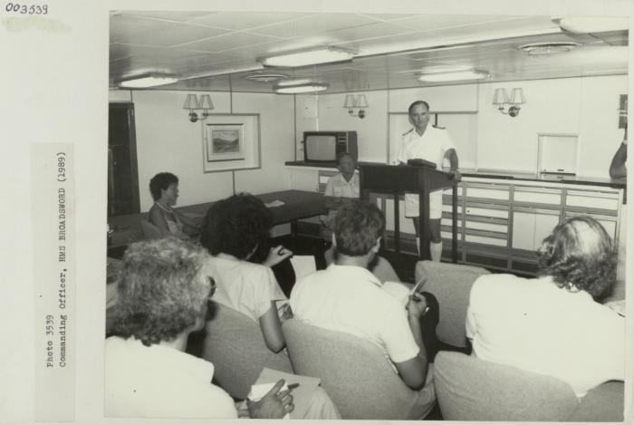 Commanding Officer addressing people while onboard "HMS BROADSWORD" (1976)