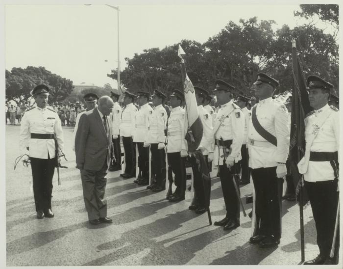 Sailors of "HMS BROADSWORD" (1976) being inspected at the Floriana parade grounds by HE the President of Malta Dr. Tabone