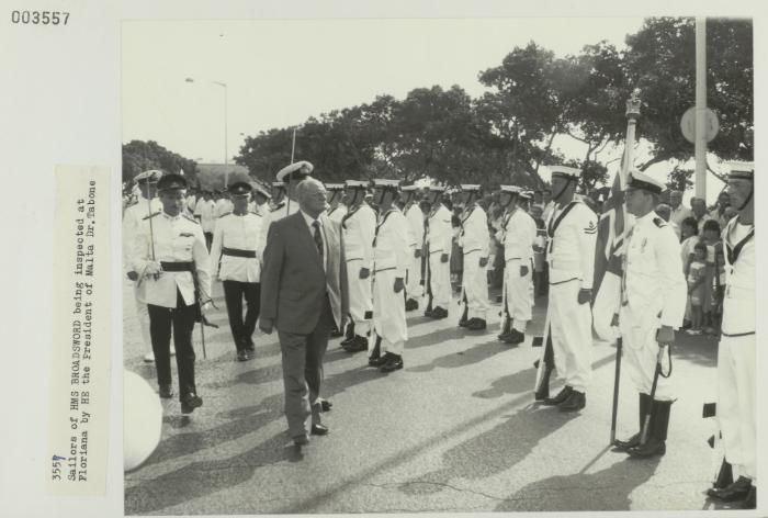 Sailors of "HMS BROADSWORD" (1976) being inspected at the Floriana parade grounds by HE the President of Malta Dr. Tabone