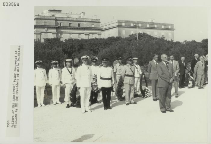 Sailors of "HMS BROADSWORD" (1976) being inspected at the Floriana parade grounds by HE the President of Malta Dr. Tabone
