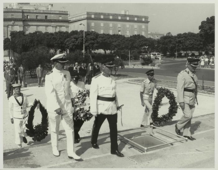 British and Maltese Officers laying wreaths on the War Memorial monument in Floriana Malta