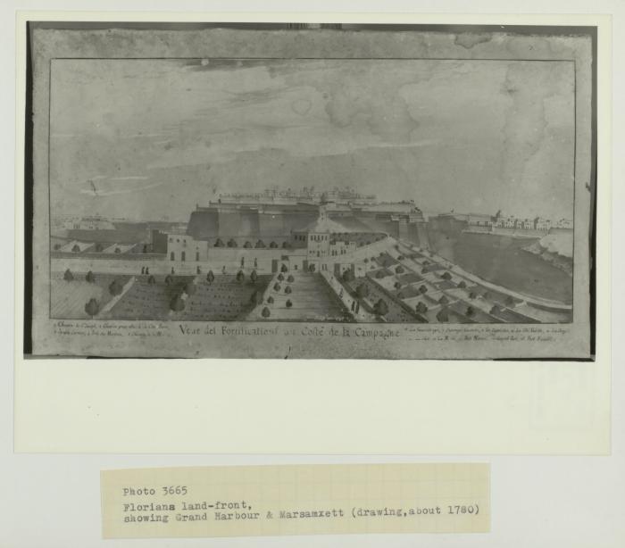 Floriana land-front, showing Grand Harbour & Marsamxett (circa. 1780)