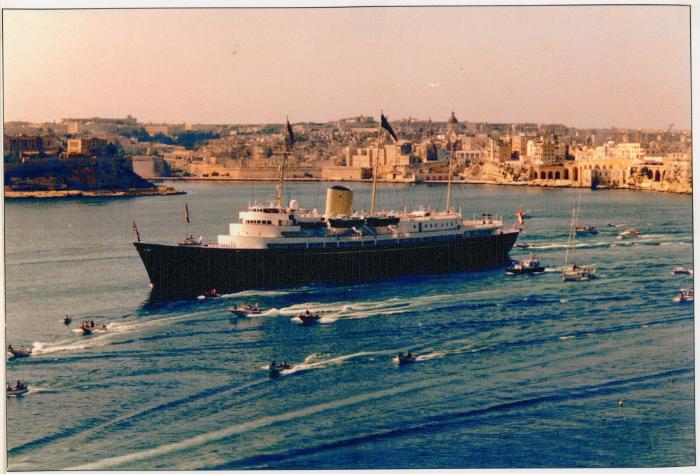 Royal yacht ("BRITANNIA") entering the Grand Harbour, Malta