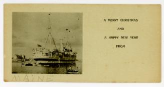 Christmas and New Years greeting card with a picture of the British vessel "MAINE"