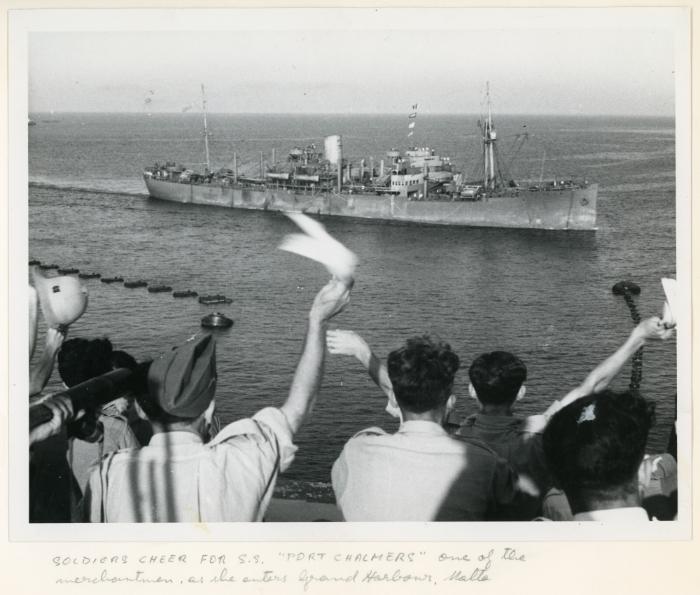Cargoship "PORT CHALMERS" (1933) entering the Grand Harbour, Malta with cheers