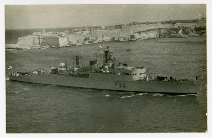 British Frigate, Type 15, "VIGILANT" (F93) (1942, rebuilt 1953) entering the Grand Harbour