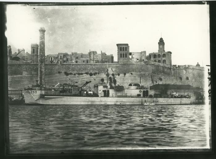 The Landing Craft Casualty Clearing Ship 253 or "LCCS 253" entering No. 1 Dock