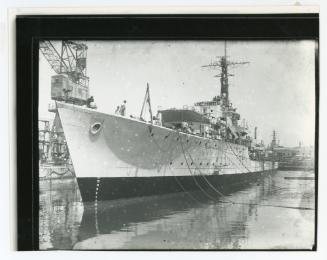 "HMS VOLAGE" (R41) leaving the Dockyard after repairs
