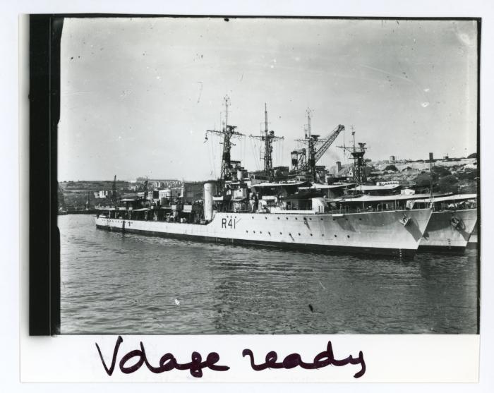 "HMS VOLAGE" (R41) leaving the Dockyard after repairs