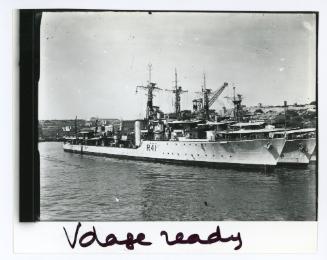 "HMS VOLAGE" (R41) leaving the Dockyard after repairs
