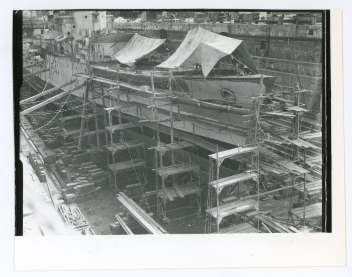 "HMS VOLAGE" (R41) under repair in No. 5 Dock