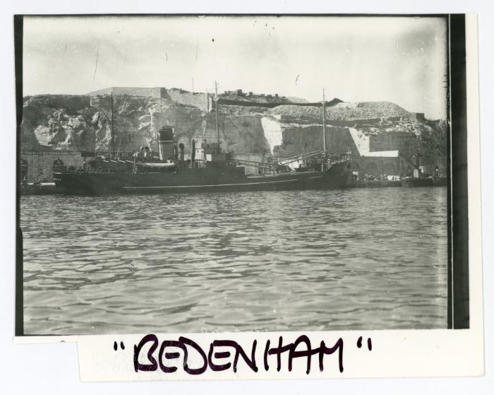 British ammunition ship of the Bedenham class, "BEDENHAM" (1938) docked in Malta