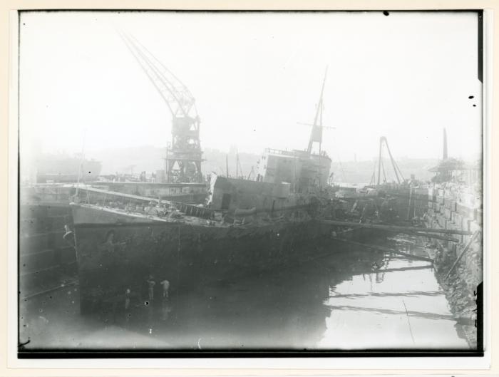 British Destroyer, "L" class, "LANCE" (1940) badly hit while in No. 2 Dock