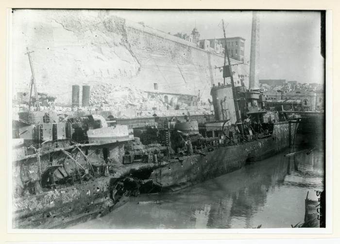 British Destroyer, "L" class, "LANCE" (1940) badly hit while in No. 2 Dock