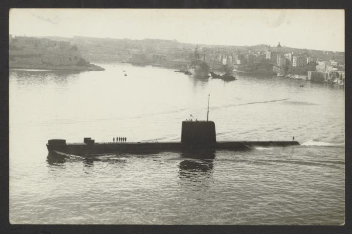British Porpoise-class submarine HMS Porpoise (S01) at Grand Harbour, Malta