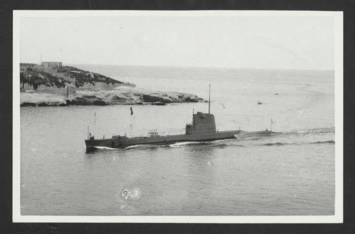 British T-class submarine HMS Totem (P352), post-"Super T-conversion", at Marsamxett Harbour, Malta