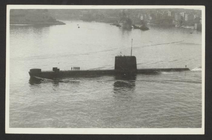 British Porpoise-class submarine HMS Porpoise (S01) at Grand Harbour, Malta