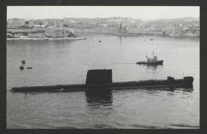 British Porpoise-class submarine HMS Porpoise (S01) at Grand Harbour, Malta