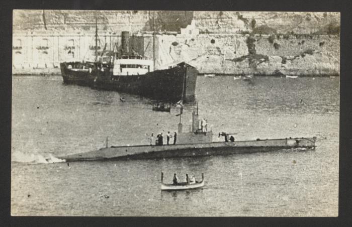 Erroneously named as E-class submarine HMS E37, at Grand Harbour, Malta