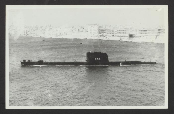 British T-class submarine HMS Tabard (P342 / S42) at Marsamxett Harbour, Malta