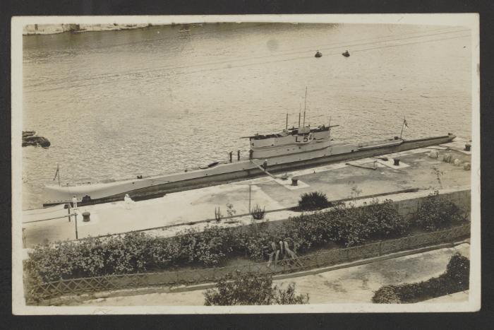 British L-class submarine HMS L54 moored at Grand Harbour, Malta