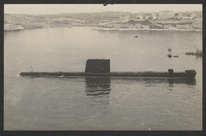 British Porpoise-class submarine HMS Porpoise (S01) at Grand Harbour, Malta