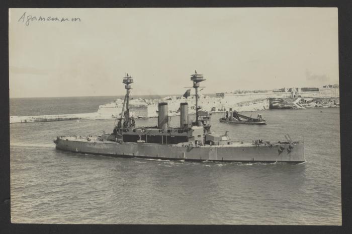 British Lord Nelson-class pre-dreadnought battleship HMS Agamemnon, then in service as a target ship with all armament and equipment removed, at Grand Harbour, Malta