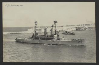 British Lord Nelson-class pre-dreadnought battleship HMS Agamemnon, then in service as a target ship with all armament and equipment removed, at Grand Harbour, Malta