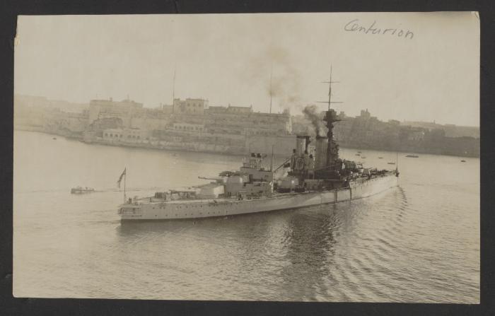 British King George V-class dreadnought battleship HMS Centurion, probably as part of the 4th Battle Squadron, at Grand Harbour, Malta