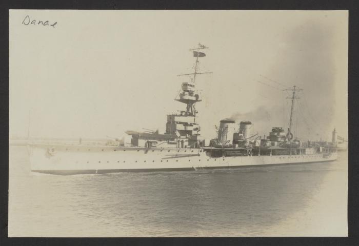 British Danae-class light cruiser HMS Danae (D44), as part of the 1st Cruiser Squadron, at Grand Harbour, Malta