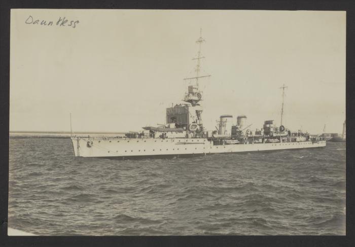 British Danae-class light cruiser HMS Dauntless (D45), as part of the 1st Cruiser Squadron, at Grand Harbour, Malta