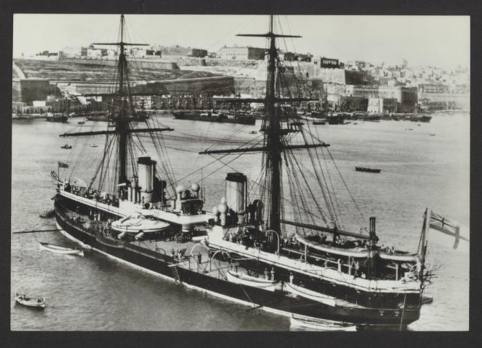British ironclad battleship HMS Inflexible (1876), with an early sailing rig, at Grand Harbour, Malta