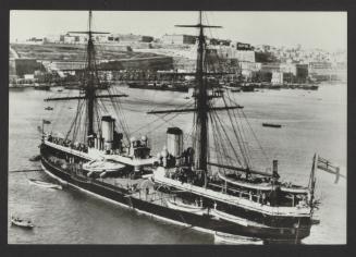 British ironclad battleship HMS Inflexible (1876), with an early sailing rig, at Grand Harbour, Malta