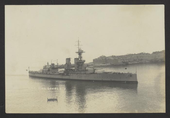British King George V-class dreadnought battleship HMS King George V, probably as part of the 4th Battle Squadron, at Grand Harbour, Malta