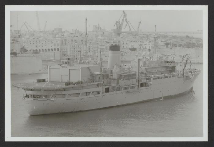 American combat stores ship USNS Saturn (T-AFS-10), formerly British fleet stores ship RFA Stromness (A344), at Grand Harbour, Malta