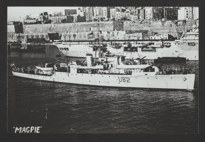 British Modified Black Swan-class sloop HMS Magpie (U82 / F82), reclassified as a frigate in 1947, at Grand Harbour, Malta