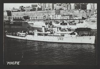 British Modified Black Swan-class sloop HMS Magpie (U82 / F82), reclassified as a frigate in 1947, at Grand Harbour, Malta
