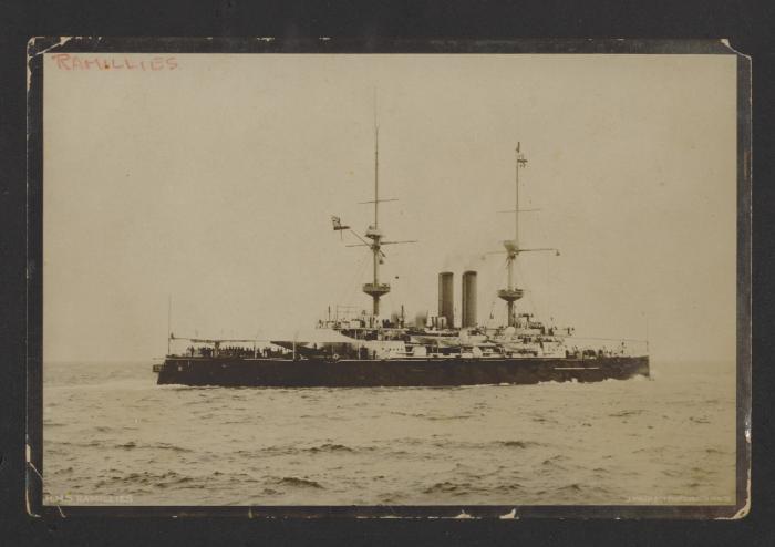 British Royal Sovereign-class pre-dreadnought battleship HMS Ramillies (1892) in open waters