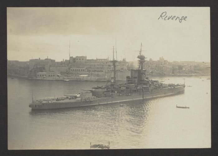 British Revenge-class super-dreadnought battleship HMS Revenge (06) at Grand Harbour, Malta