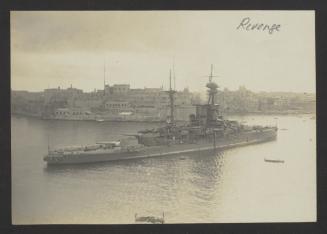 British Revenge-class super-dreadnought battleship HMS Revenge (06) at Grand Harbour, Malta