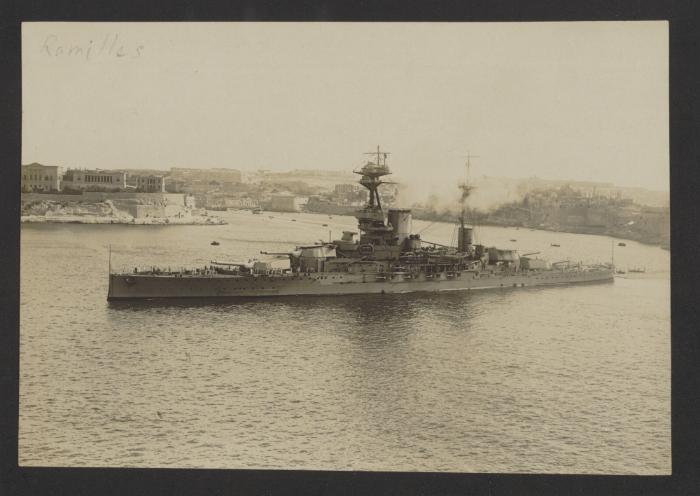 British Revenge-class super-dreadnought battleship HMS Ramillies (07) at Grand Harbour, Malta