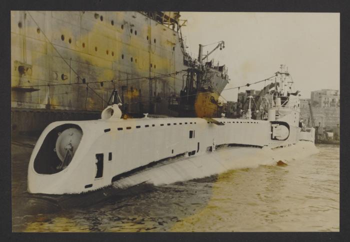 British T-class submarine in a white scheme at Grand Harbour, Malta