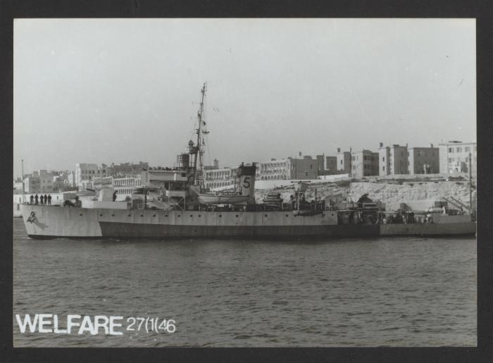 British Algerine-class minesweeper HMS Welfare (J356) at Marsamxett Harbour, Malta