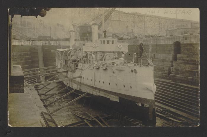 British Dryad-class torpedo gunboat HMS Hussar (1894), refitted as a minesweeper, at the Malta Drydock