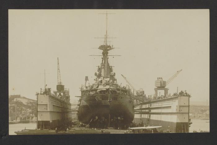 Admiralty Floating Dock No. 8, with Revenge-class battleship HMS Royal Oak (08) within, at Corradino, Grand Harbour, Malta