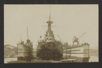 Admiralty Floating Dock No. 8, with Revenge-class battleship HMS Royal Oak (08) within, at Corradino, Grand Harbour, Malta