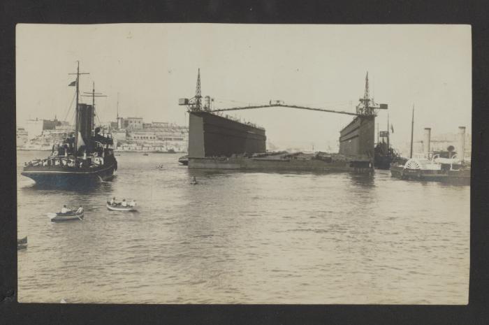 Admiralty Floating Dock No. 8 at Corradino, Grand Harbour, Malta. Verso caption in pencil reads, "Malta 1926 Towed from 'gib' (Gibraltar?) in 14 days"