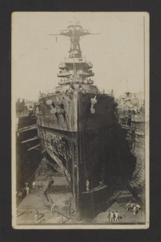 A British Iron Duke-class battleship, probably HMS Benbow (1913), at the Malta Drydock