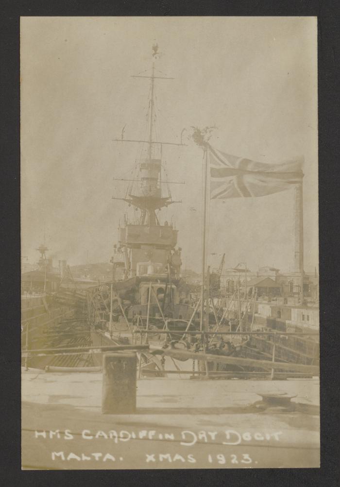 British C-class light cruiser HMS Cardiff (D58), as part of the 3rd Cruiser Squadron, at the Malta Drydock